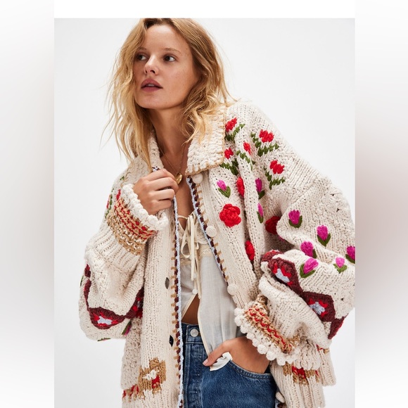 Free People Sweaters - Free People Cream Cardigan with Red and Pink Accents